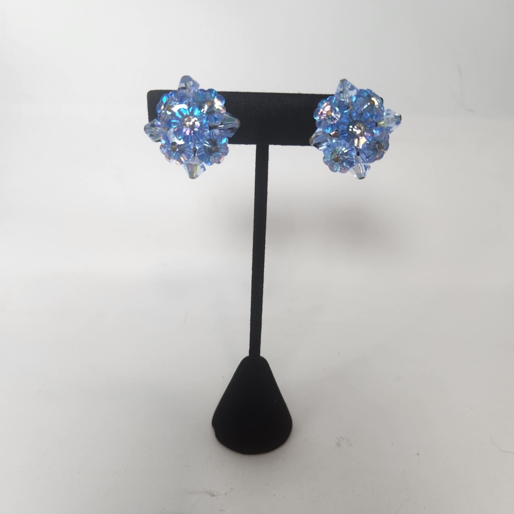 Vintage Blue Aurora Borealis Crystal Cluster Clip On Earrings Floral Studs S438